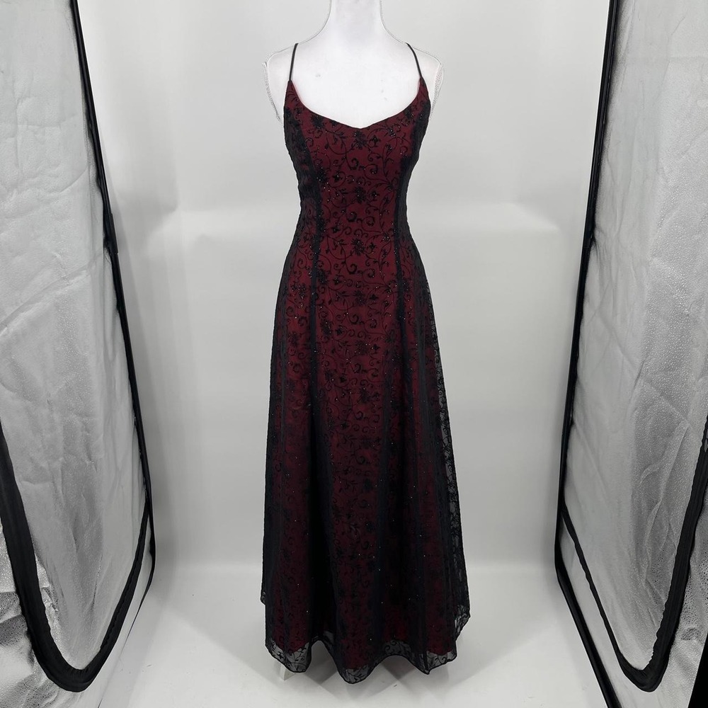 Vintage 90s Gothic Formal Maxi Dress Gown Corset Dark Romantic Vamp XS Glam Red